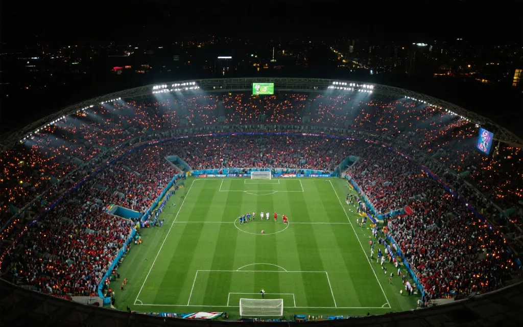 世界杯决赛夜的球场航拍，北美两队对峙，电影感光影